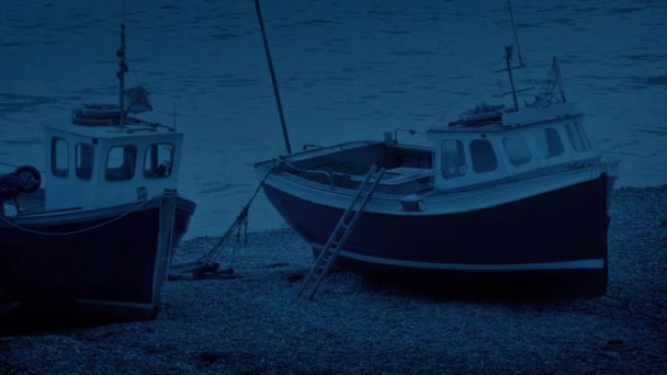 Fiskebåtar Stranden Kvällen — Stockvideo