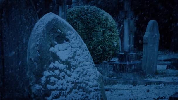 Gravestone Molto Vecchio Coperto Neve Nel Cimitero Scuro — Video Stock