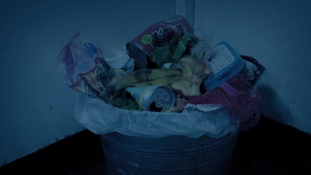 Full Trash Can Dark Kitchen — Stock Video