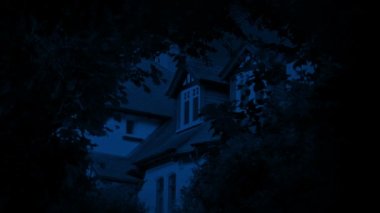 Gece geç saatlerde ağaçlarla çevrili bir ev.