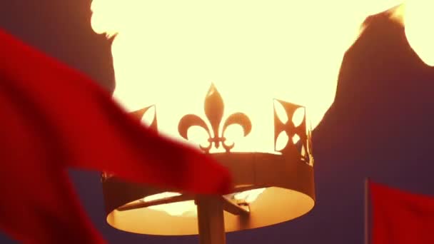 Flaming Crown Flags Medieval Scene — стокове відео
