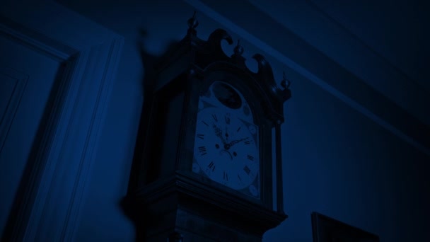 Hallway Lit Lightning Strikes Grandfather Clock — Stock Video