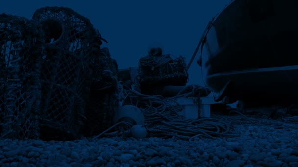 Gece Kıyıda Istakoz Kabı Tekne — Stok video