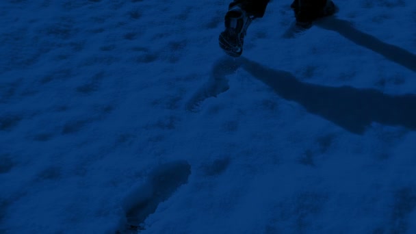 夜に雪を通って歩く人 4ショット — ストック動画