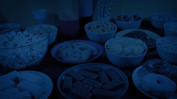 Table Snacks Dark Room Surpise Party — Stock Video