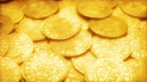 Wiele Złotych Monet Świecące Ruchome Strzał — Wideo stockowe