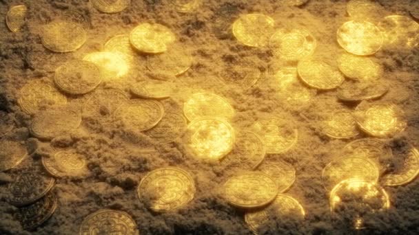 Monete Oro Del Naufragio Nella Sabbia — Video Stock
