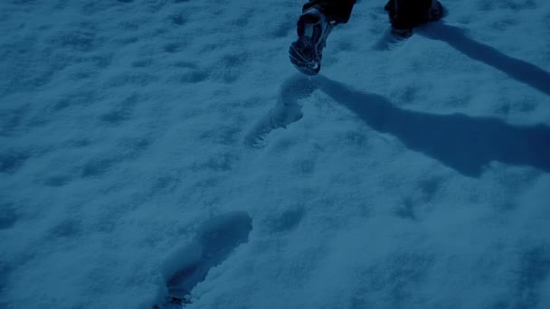Persona Camina Través Nieve Oscuridad Disparos — Vídeo de stock