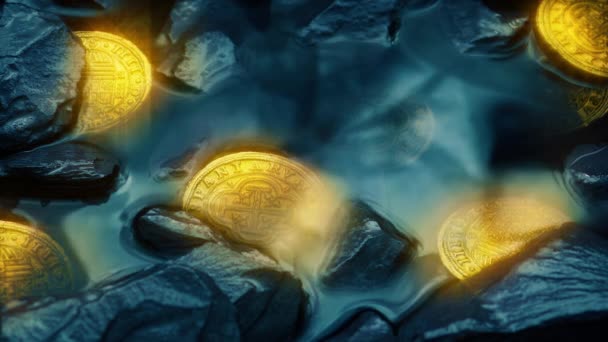 Kouzelné Zářící Zlaté Mince Odhalené Jeskyni — Stock video