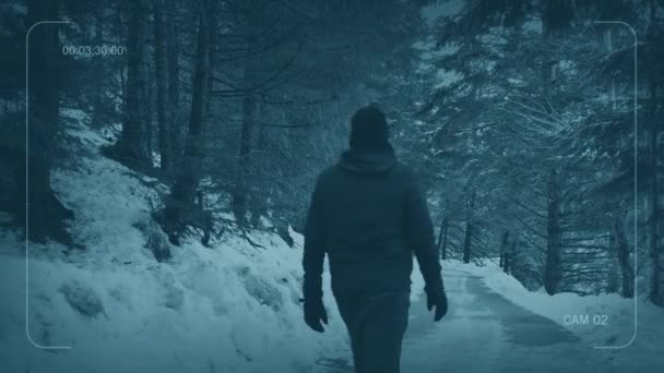Cctv Man Walks Forest Road Snow — Stock Video
