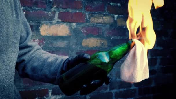 Rioter Throws Burning Bottle Shots — Stock Video