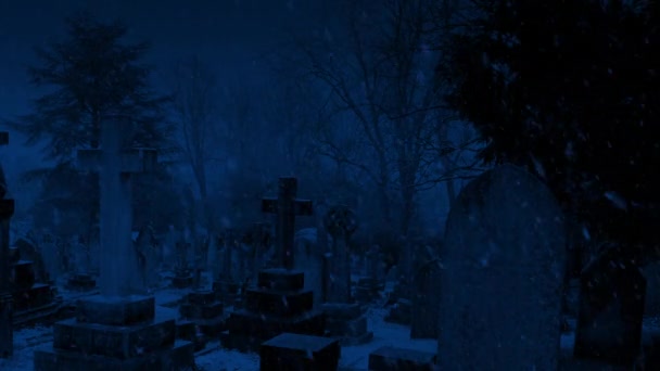夜に冬遅くにグレーブヤードで雪が降る — ストック動画