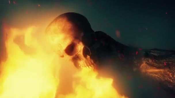 骷髅从烟雾和火灾幻想场景中升起 — 图库视频影像