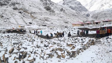 Şiddetli kış ve kar yağışında Kedarnath rekonstrüksiyonu. Hükümet, 2013 'teki sel felaketinde hasar gören Kedarnath tapınağı bölgesi için yeniden yapılanma planı hazırladı..