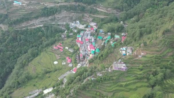 Die Schönheit Der Häuser Den Armen Der Uttarakhands Mountains Luftaufnahmen — Stockvideo