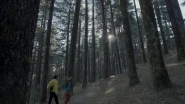 Dehradun, Uttarakhand Hindistan-17 Nisan 2023 - Hintli bir çift, ormandaki 45 'lik görüntülerin büyüleyici kalbinde aşk hikayelerini dokuyorlar. 