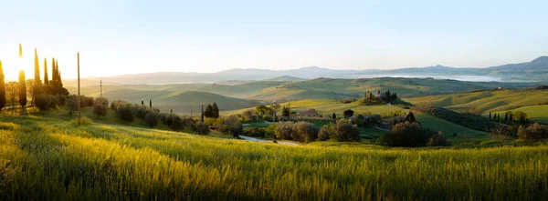 Panorama Paisaje Con Salida Del Sol Toscana Italia — Foto de Stock