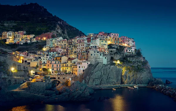 Manarola Stadt Bei Nacht Cinque Terre Region Italien Stockbild