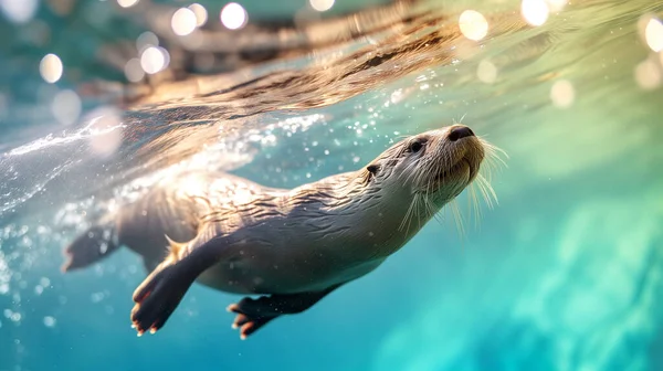 Euraziatische Otter Duiken Zwemmen Onder Water Rechtenvrije Stockafbeeldingen