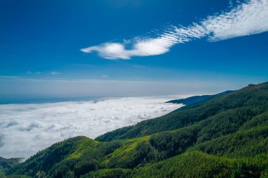 Geniş dağ manzarası, mavi güneşli gökyüzü ve Tenerife Adası, İspanya 'da aşağıda beyaz kabarık bulut denizi.