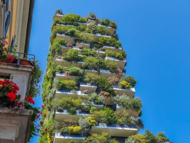 Bosco Verticale in Milan Porta Nuova district also known as Vertical forest skyscrapers. Residential buildings with many trees and other plants in balconies. Ecological green skyscraper