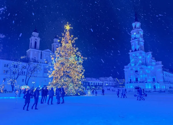 Choinka Rynku Ratusza Kownie Litwa Przytulne Miasto Boże Narodzenie 2022 — Zdjęcie stockowe