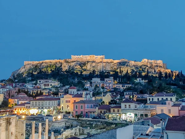 希腊的雅典卫城 雅典全景 夜间在山顶上有帕台农神庙 — 图库照片