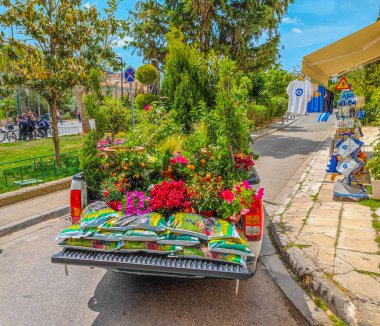 03 15 2023 Atina, Yunanistan. Çeşitli güzel saksı bitkileri ve gübrelerle dolu açık bir araba bagajı görüntüsü. Çevreye saygı kavramı