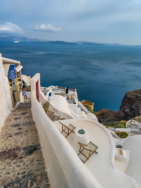 Тераса Селі Острові Санторіні Греція Зверху Видніються Тераси Краю Скелі — стокове фото
