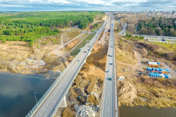 Vista Aérea Del Dron Carretera Construcción Construyendo Nuevo Viaducto Autopista — Foto de Stock
