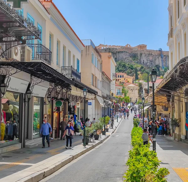2023 Atenas Grécia Bela Rua Pedestre Reta Longa Atenas Que Fotos De Bancos De Imagens