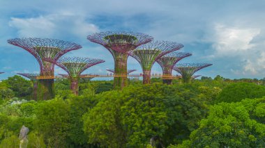 Singapur Körfezi yakınlarındaki Gardens 'ın havadan manzarası. Yapay ağaçlı botanik bahçesi