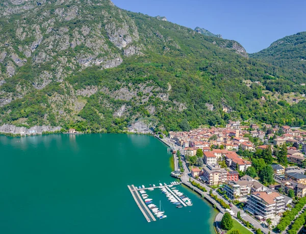Porlezza town, Lugano Lake. Aerial panoramic photo of town in Lugano Lake between Switzerland and Lombardy, Italy