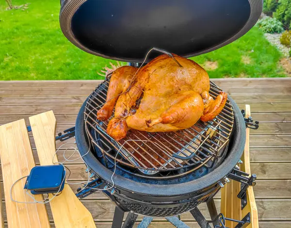 Grilled full turkey in egg type grill. Turkey preparing in kamado grill over hot charcoal in garden terrace for barbecue party. Marinated and stuffed turkey. Cooking outdoor. Close up