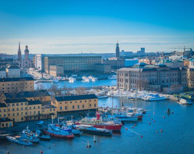 Stockholm old town - Gamla stan, Skeppsholmen, Ostermalm. Aerial view of Sweden capital. Drone top panorama photo clipart