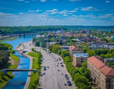 Aerial view of science museum in Nemunas island and Kaunas city center from above. Drone photo