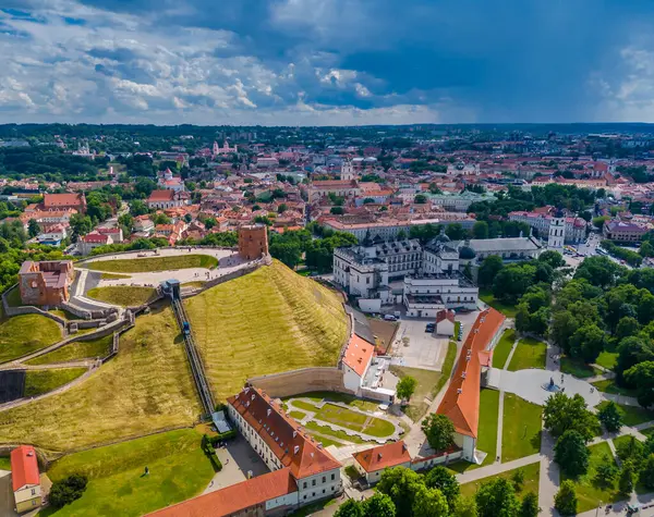 stock image Gediminas castle and Palace of the Grand Dukes of Lithuania in cathedral square. Aerial drone view of Vilnius old town