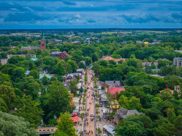 stock image Palanga city aerial view. Central Basanavicius street and surroundings of the most famous Baltic countries resort by Baltic sea. Drone photo