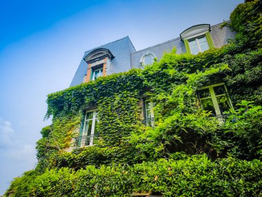 Montmartre, Paris. Yazın Paris 'in sıcacık manzaralı, binalarda bitkiler olan eski cadde manzarası. Paris 'in mimarisi ve simgeleri.