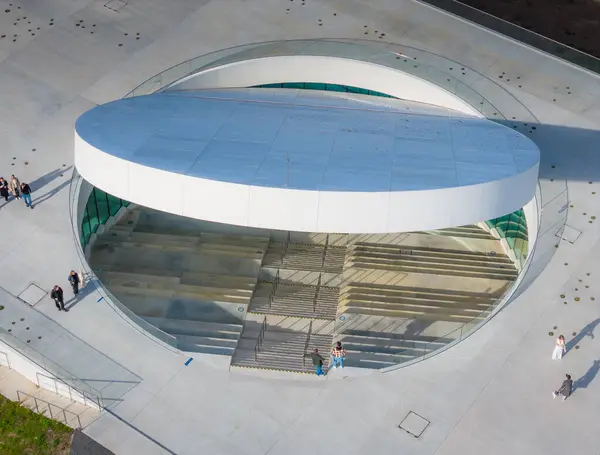 stock image Entrance of science and innovations museum in Nemunas island, Kaunas city center. Aerial view of new museum which is called Science island