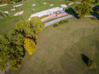 Ninth fort in Kaunas, Lithuania. Kaunas IX Fort Museum. A monument and memorial to victims of Nazism during world war two. Aerial drone view photo