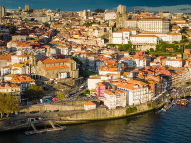 Porto old town and Ribeira district. Aerial drone view of Porto city center. Portugal city panoramic landscape clipart