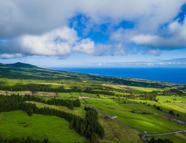 Sao Miguel Adası, Azores, Portekiz 'in dağları ve okyanuslarıyla manzara. Panoramik Acores adalarının hava aracı görüntüsü