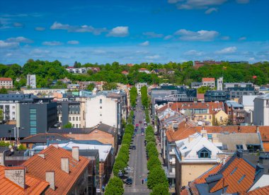 05 03 2025 - Kaunas, Litvanya. Düz yeşil bir caddesi olan Kaunas şehri panoraması. Yeni şehir merkezinin hava aracı görüntüsü