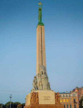 10 02 2025 - Riga, Latvia. The Freedom Monument in Riga, Latvia. Latvian war of independence monument. Tall statue of a woman holding stars
