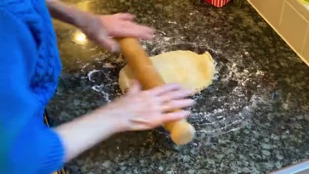 Pastry Dough Being Rolled Elderly Lady Rolling Pin — Stock Video
