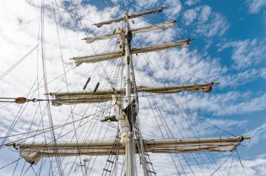 Mast close up view of mask of a tall ship UK