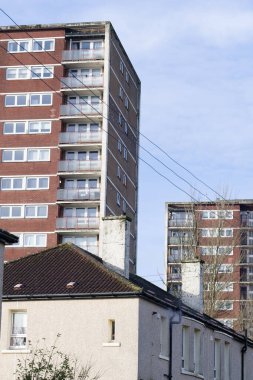 High rise council flats in poor housing estate with many social welfare issues in Port Glasgow UK