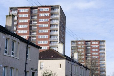 High rise council flats in poor housing estate with many social welfare issues in Port Glasgow UK