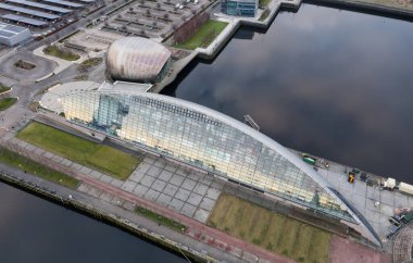 Glasgow Science Centre and Tower on the River Clyde aerial view clipart